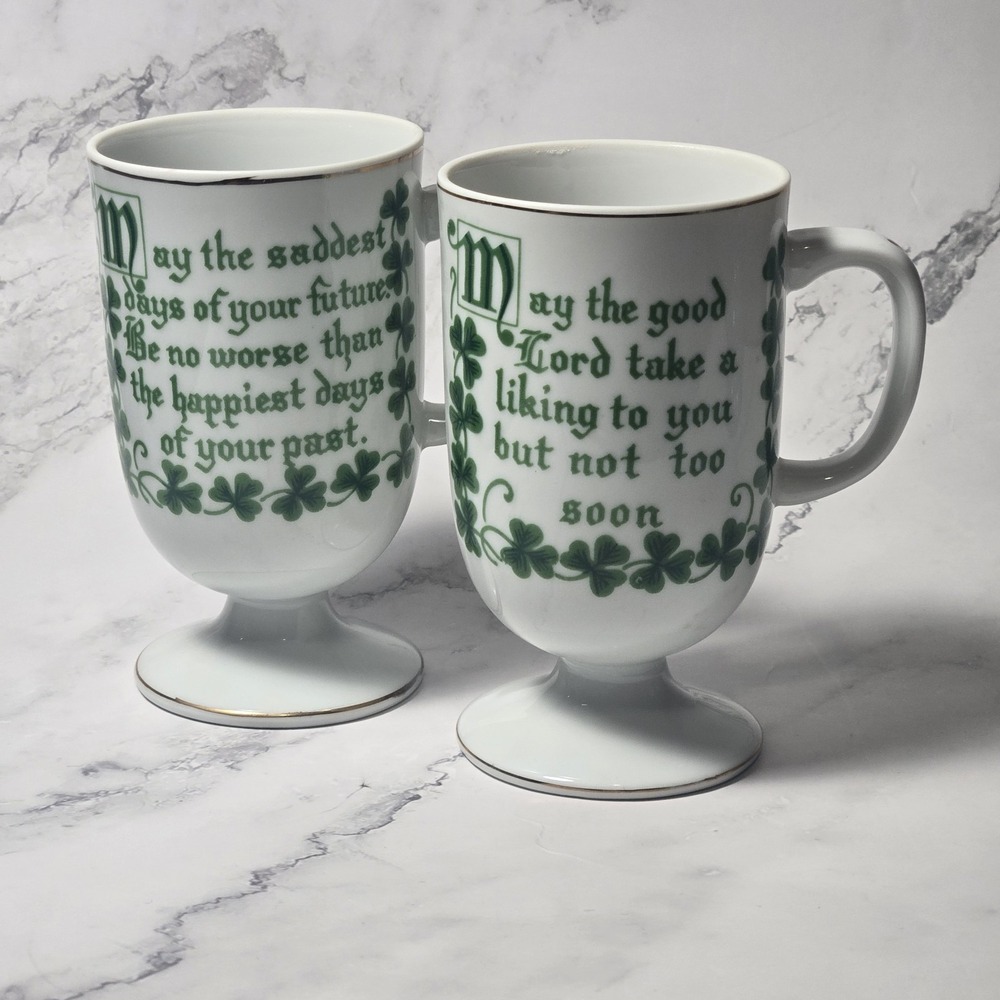 Vintage Pair Irish Coffee Mugs Irish Wisdom  Blessing's St.Patty's Day Gold Gilt - Picture 3 of 7
